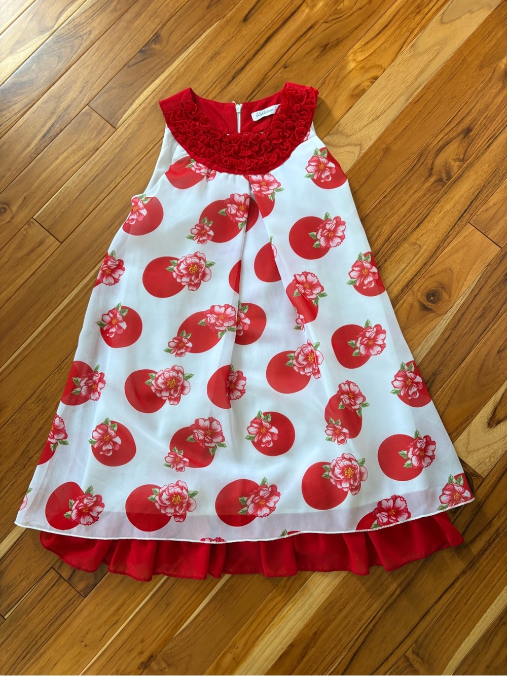 Red Floral Circle Sleeveless Dress with Ruffle Neck